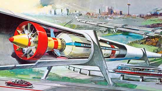 Vacuum Train Illustration Inspired by Rocketry Pioneer Robert Goddard